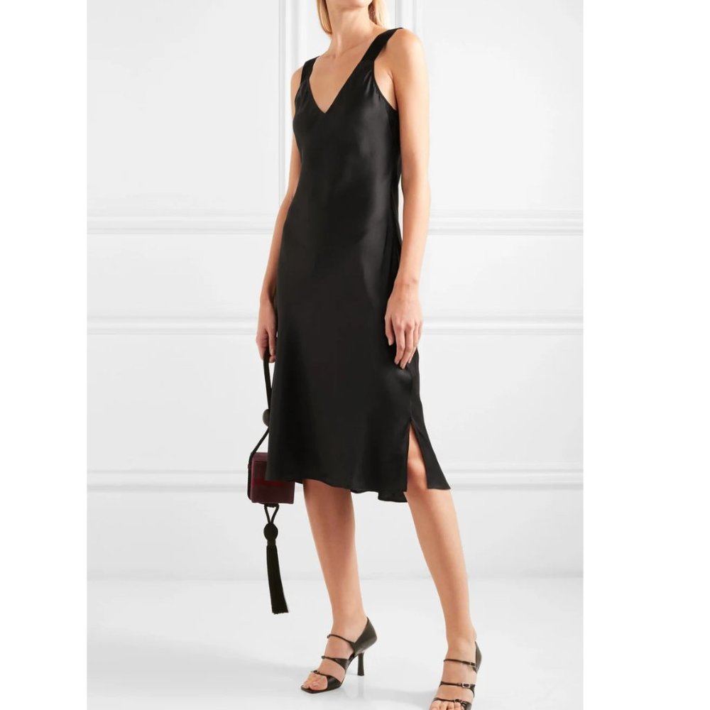 CAMI NYC "Miki" Velvet-trimmed Silk Dress / BLACK SILK SLIP DRESS